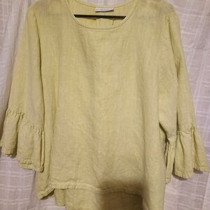 Bryn Walker, 3/4 Ruffle Sleeve, Lime Green, Tick Linen Top (XL)